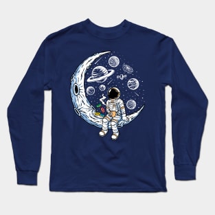 Astronaut Sitting on a Crescent Moon with Coffee & Donuts Long Sleeve T-Shirt